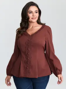 【Summer Turn-Up】【V-neck】BlOOMCHIC Plus Size Lace Trim Cinched-Flared Blouse [M-6X] 2026 Summer Pick for Mother's Day