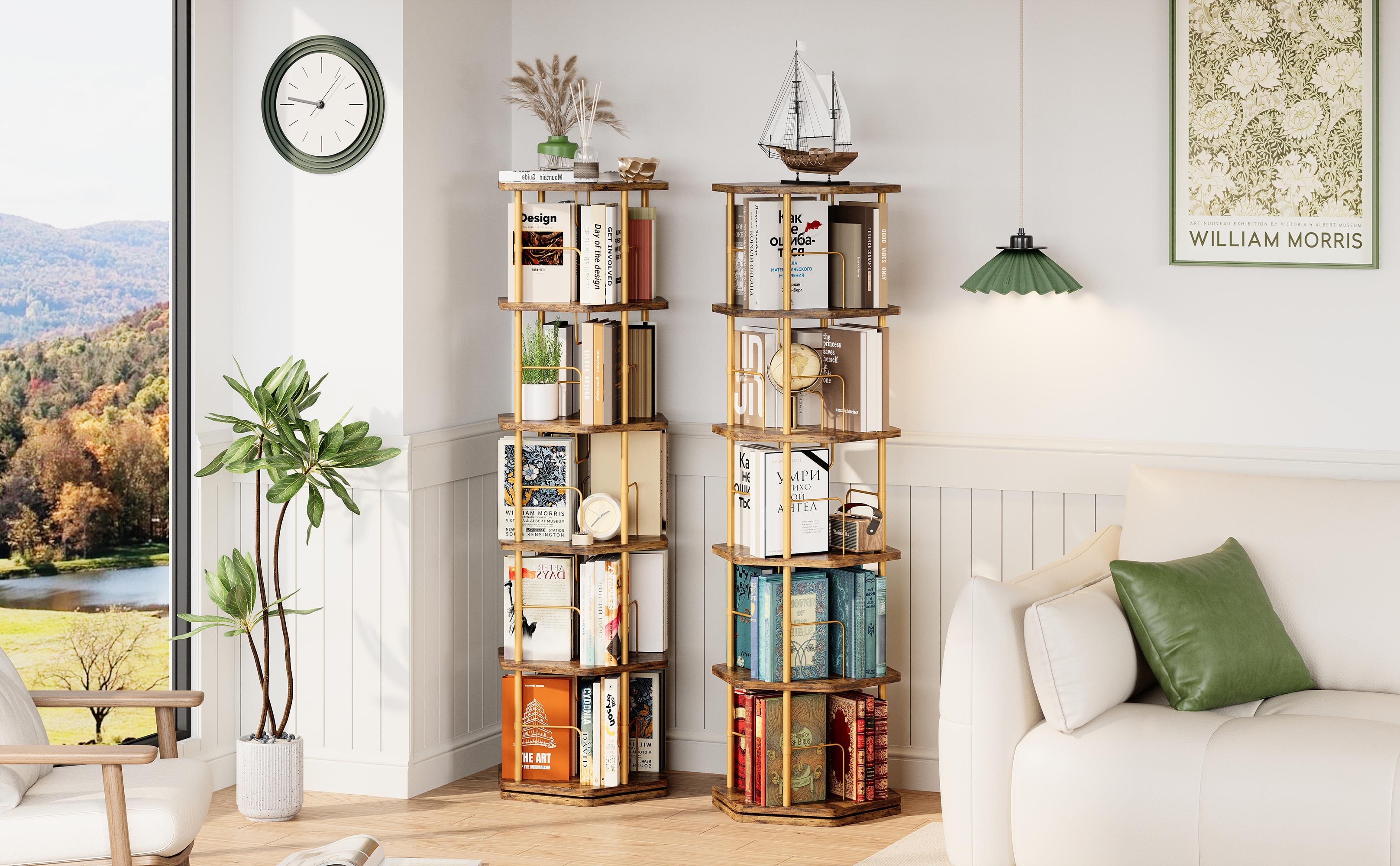 IRONCK 5-Tier 360° Rotating Bookshelf, Round Spinning Bookcase for Home & Office, Wooden Floor Standing Storage Organizer Display Rack