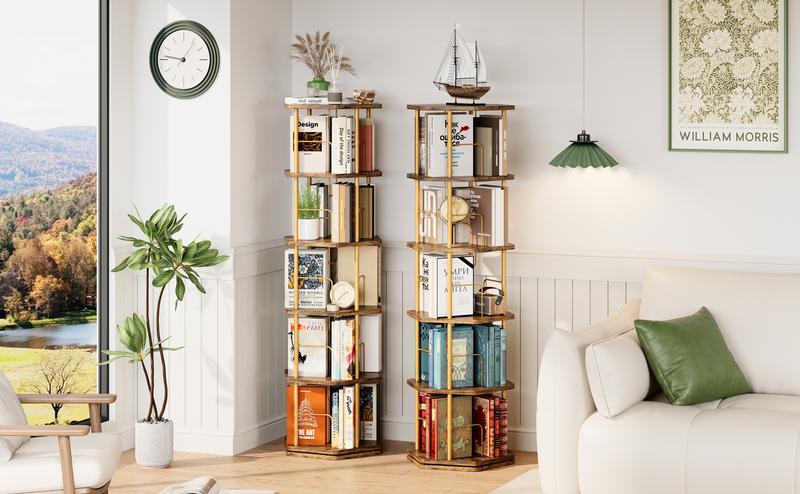IRONCK 5-Tier 360° Rotating Bookshelf, Round Spinning Bookcase for Home & Office, Wooden Floor Standing Storage Organizer Display Rack