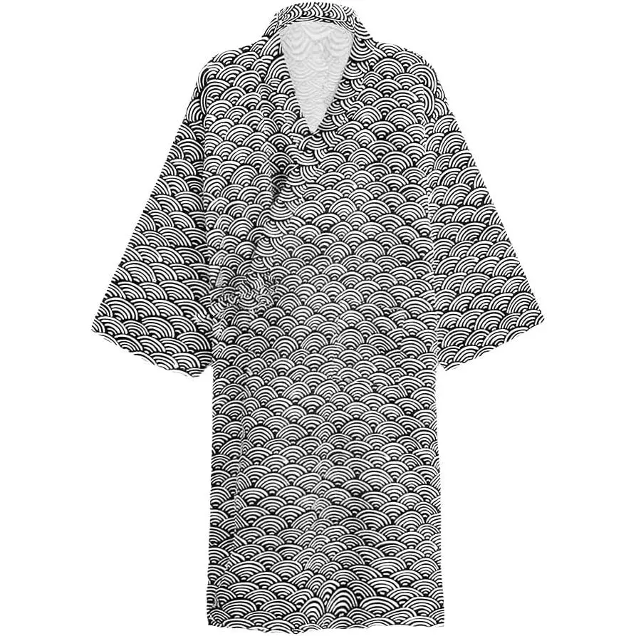 Ibluelover Cotton Pocketed Sleepwear Robe - Women's Loungewear & Bathrobe with Black & White Wave Pattern, Japanese Yukata-Style for Spa & Steamed Bath Use, Japanese Bathrobes & Dressing Gowns, Pocketed Set
