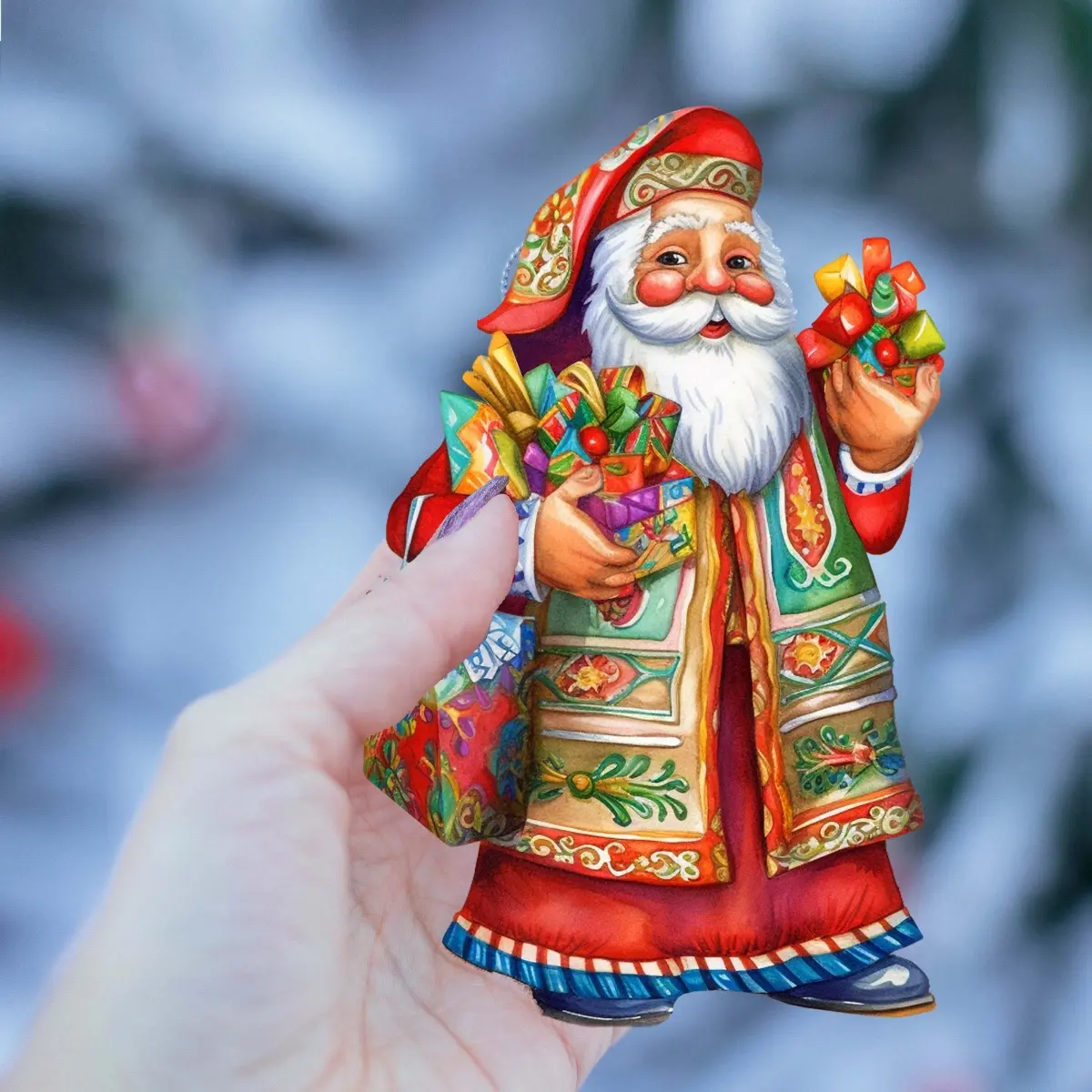G. Debrekht 8091308S3 Basic 4.5x3 in. Wooden Mexican-Inspired Handmade Santa Christmas Tree Ornaments, Set of 3, UV-Coated Cultural Collectibles, Festive Home Decor for All Ages with Gift Bag & Story Card