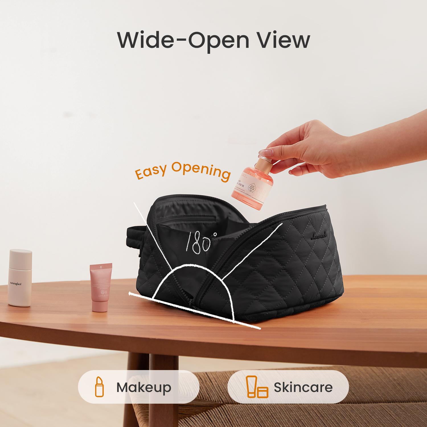 LOVEVOOK Travel Makeup Bag for Women,180° Lay-Flat Puffer Quilted Cosmetic Organizer,Portable Waterproof Toiletry Bag for Woman,Slanted Opening Make Up Bag for Everyday Use,TikTokShopStockUp