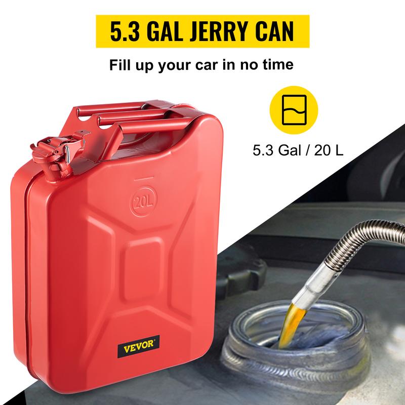 VEVOR Jerry Fuel Can, Various specifications, 5.3 Gallon / 20 L Portable Jerry Gas Can with Flexible Spout System, Rustproof ＆ Heat-resistant Steel Fuel Tank for Cars Trucks Equipment, Red， Authentic NATO Jerry Can