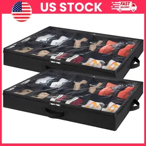 Under Bed Shoe Storage Organizer Set of 2, Foldable 4.3" Low Profile Fabric Shoe Boxes with Clear Cover & Handles | Closet & Bedroom Shoe Organizer for 24 Pairs | Dustproof Storage for Sneakers, Flats, Heels & Eve | Gift for herryday Footwear, Black