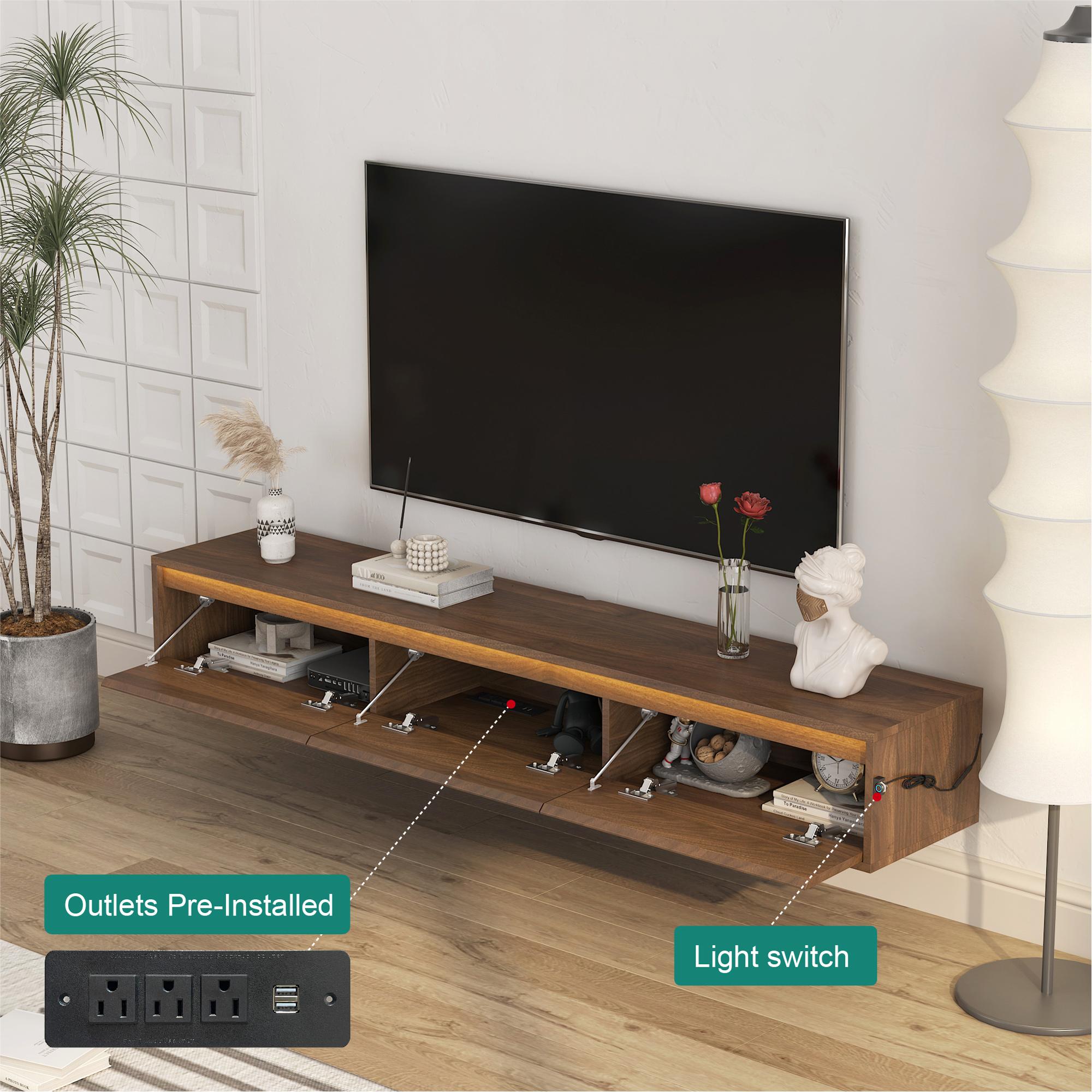Floating TV Stand with LED Lights & Power Outlet, Wall Mounted High Gloss TV Cabinet, Modern Wood Media Console with Storage for 60–69" TVs, Living Room TV Shelf