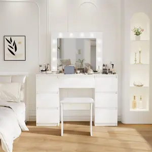 Dresser with LED Lighted Mirror,  4 Drawers, Bedroom Dresser, 12 LED Lights, White, For Women and Girls