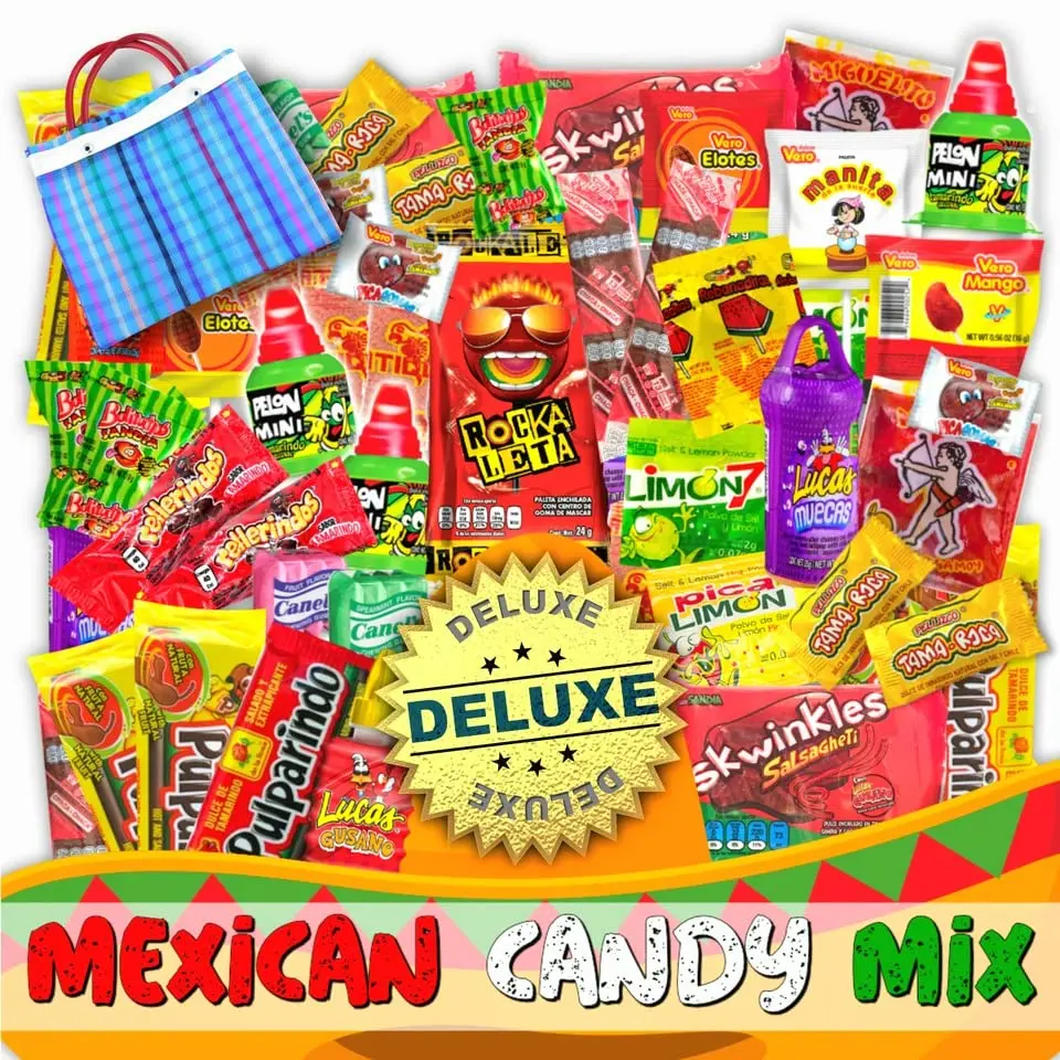 Mexican Candy Mix Assortment Snack (86 Count) Dulces Mexicanos Variety Of Best Sellers Sweet, SPICY and SOUR Bulk candies, Includes Luca Candy, Pelon, Pulparindo, Rellerindo, 2 Mini Mecxican Tote Mercado Bags Included