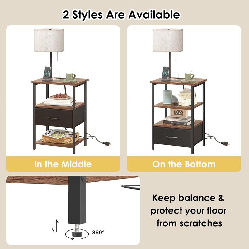 Nightstand with Lights Bedside Table with 3 Color Temperatures Bulb, Night Stand with Charging Station End Table with Adjustable Fabric Drawer for Bedroom Dorm