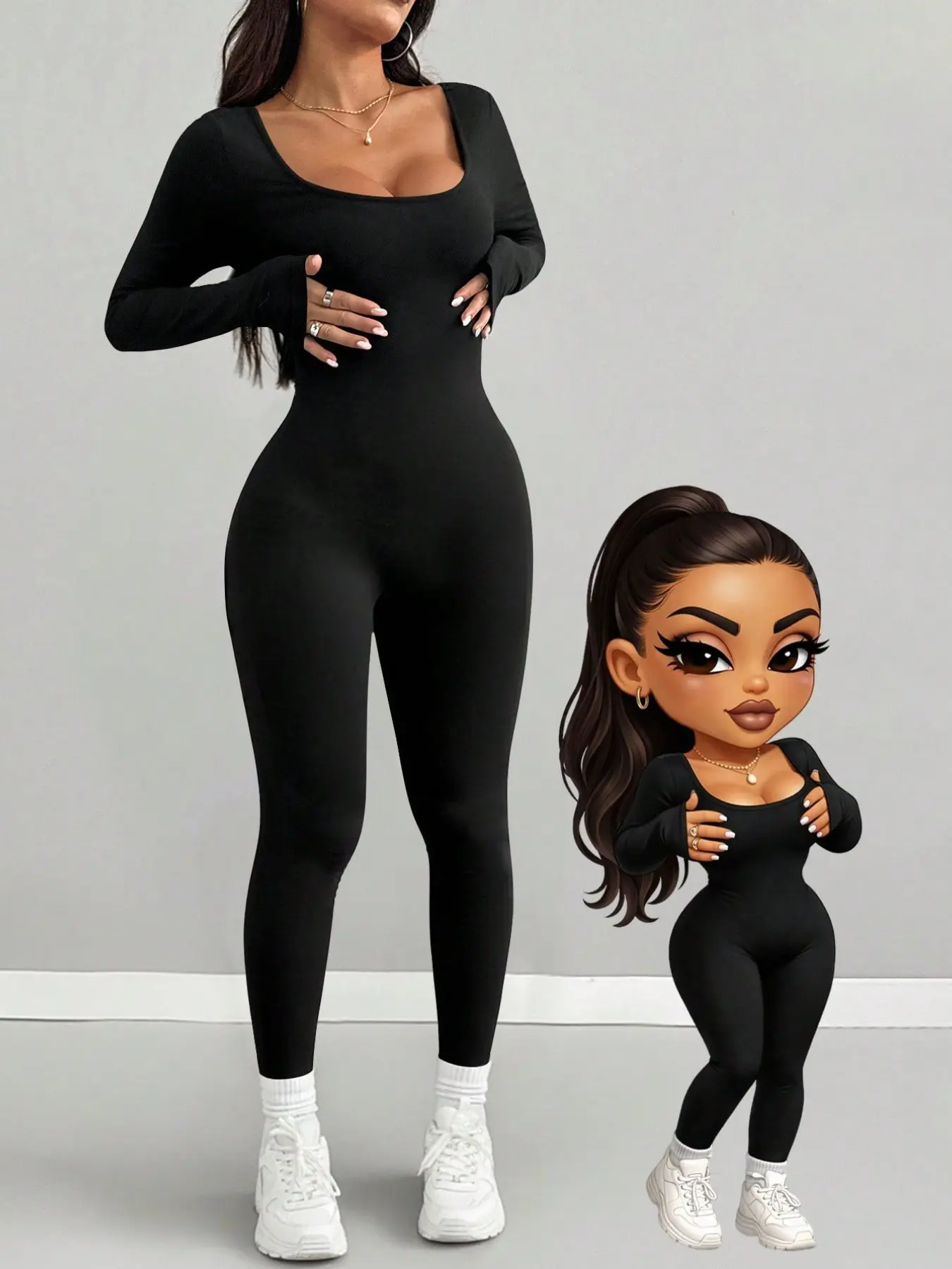Women's Square Neck Long Sleeve Tight Bodysuit, Stretchy Slim Fit, Casual Daily Wear, Fitness, Street Style, Commute, Curve Enhancing, High Waisted Jumpsuits, Activewear Jumpsuit, Athletic Jumpsuit, Sportswear Jumpsuit