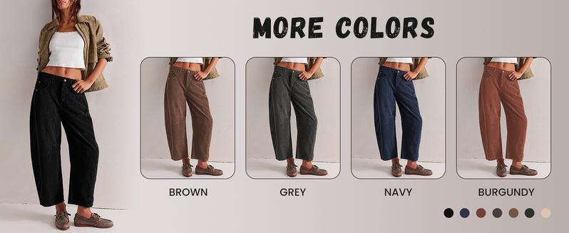 Naeduo Women's Corduroy Pants Barrel Mid-Rise Elastic Waist Cord Pants Casual Wide Leg Baggy Trouser with Pockets for Fall Beige Basic Minimalist Bottoms Button Womenswear
