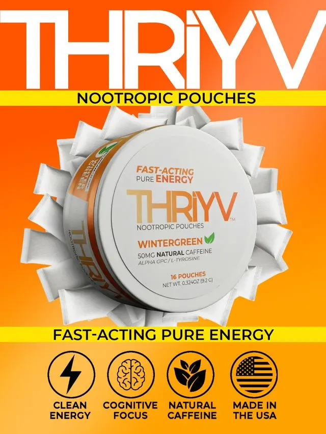 THRiYV Energy Nootropic Oral Pouches  3PK (16 Pouches Per Pack) -  Made 100% in the USA. No jitters, no crash. A quick boost with long lasting energy and invigorating flavor. Caffeine, Alpha GPC, and L-Theanine. Sugar-Free, energy drink alternative.