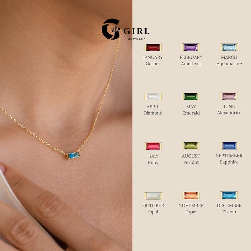 GGIRL Birthstone Necklace Minimalist - Dainty Baguette Charm 18K Gold Plated Necklace Gemstone Jewelry - Fashion Jewelry Gift for Holiday Haul Christmas Birthdays Anniversaries Personalized Gift for Her