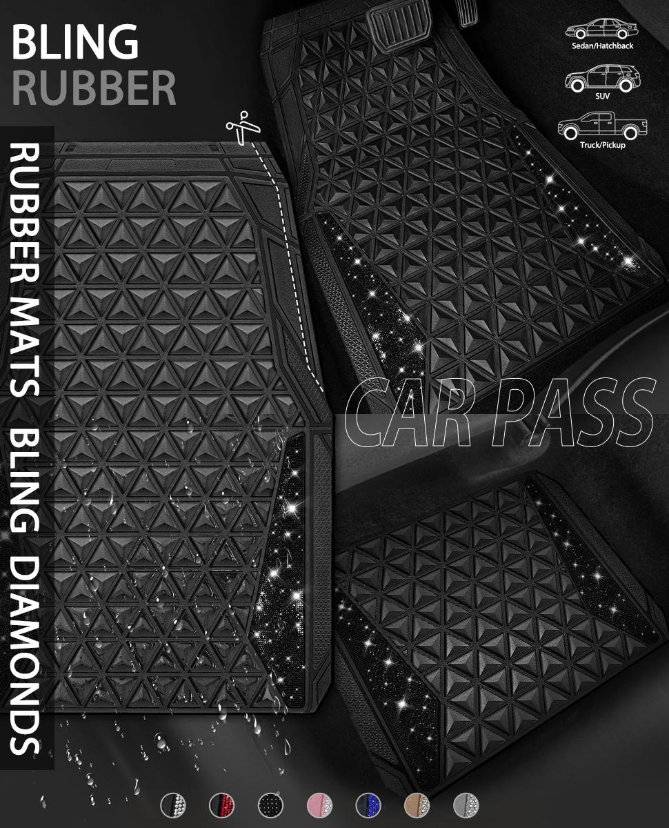 CAR PASS Bling Diamond Rhombus Rubber Leather Car Floor Mats, All-Weather for Car Full Set Durable Anti-Slip, Waterproof Trim Universal Fit,Sedan,SUV,Truck Vehicle Automotive
