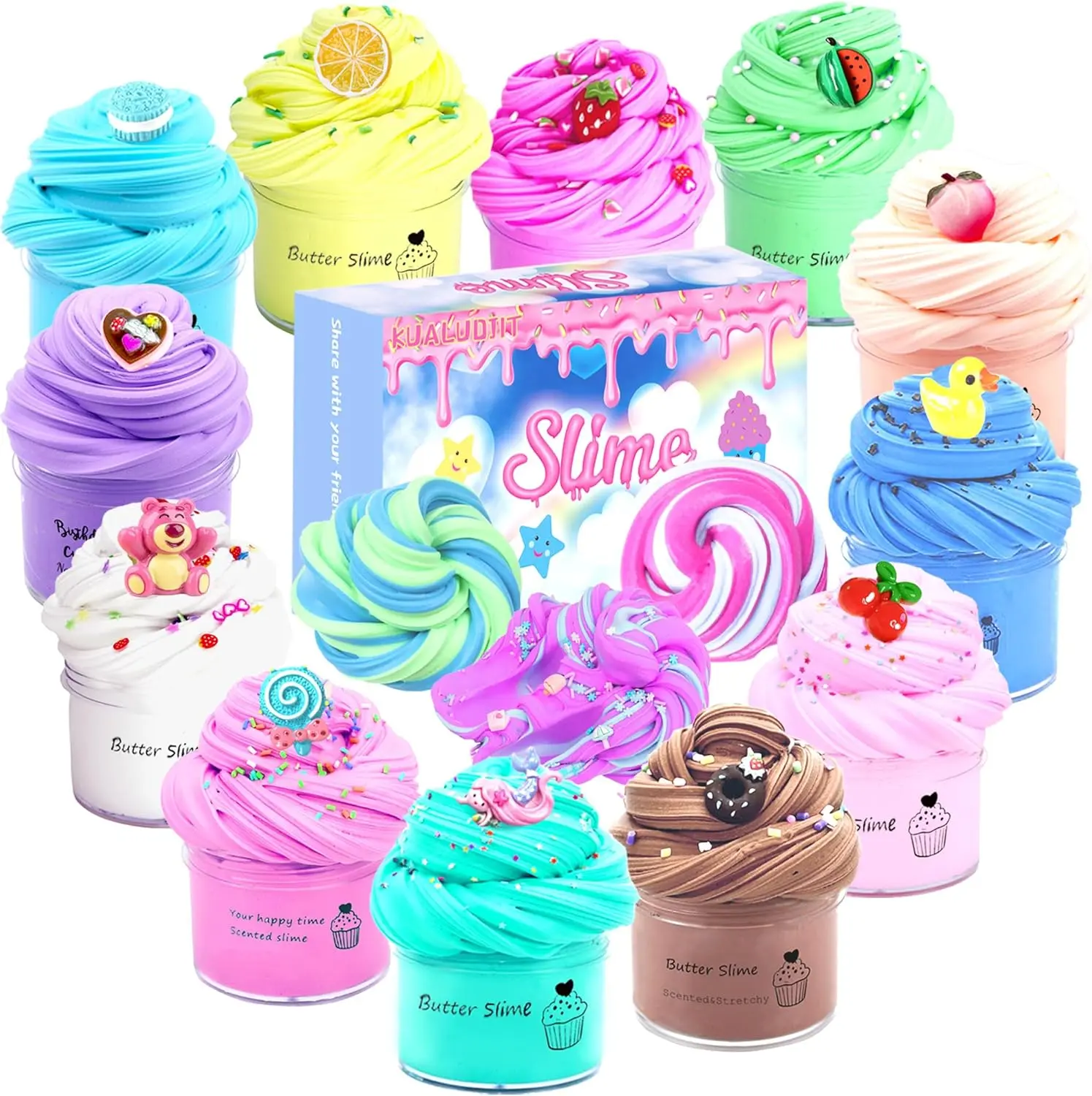 12 Pack Scented Butter Slime Kit with Cake Charms, Assorted Butter Slime Party Kit, Vanilla Strawberry Chocolate Butter Slime, Stress Relief Slime for Kids