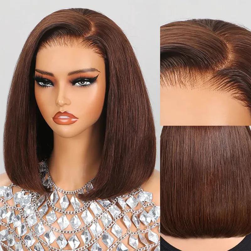Budget Friendly Chocolate Brown Straight Bob Wig 13x4 Glueless Lace Front Human Hair Wigs Free Side Part Human Hair Wigs Pre Plucked