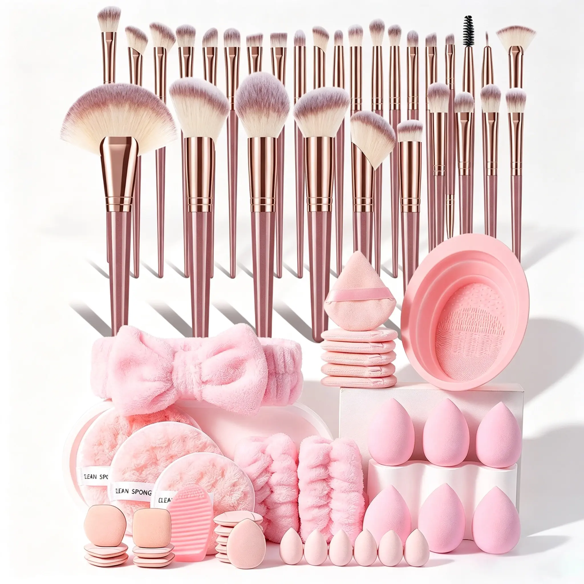All-In-One Makeup Tool Set, Soft Face Fan & Eyelash Makeup Brush Set, Pink Beauty Sponges, Triangle Powder Puffs, Plush Bow Headband, Silicone Brush Cleaning Bowl, Complete Portable Kit for Daily Travel, Perfect Gift