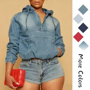 Women's Half Zip Denim Hoodie Pullover Jacket Jean TopsmflZ