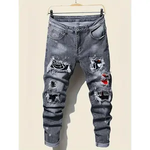 MensPremiumSlimFitStretchDenimJeans-FashionablePatchworkDesign,DistressedStreetStyle,Comfortable&Durable-PerfectforEverydayWear