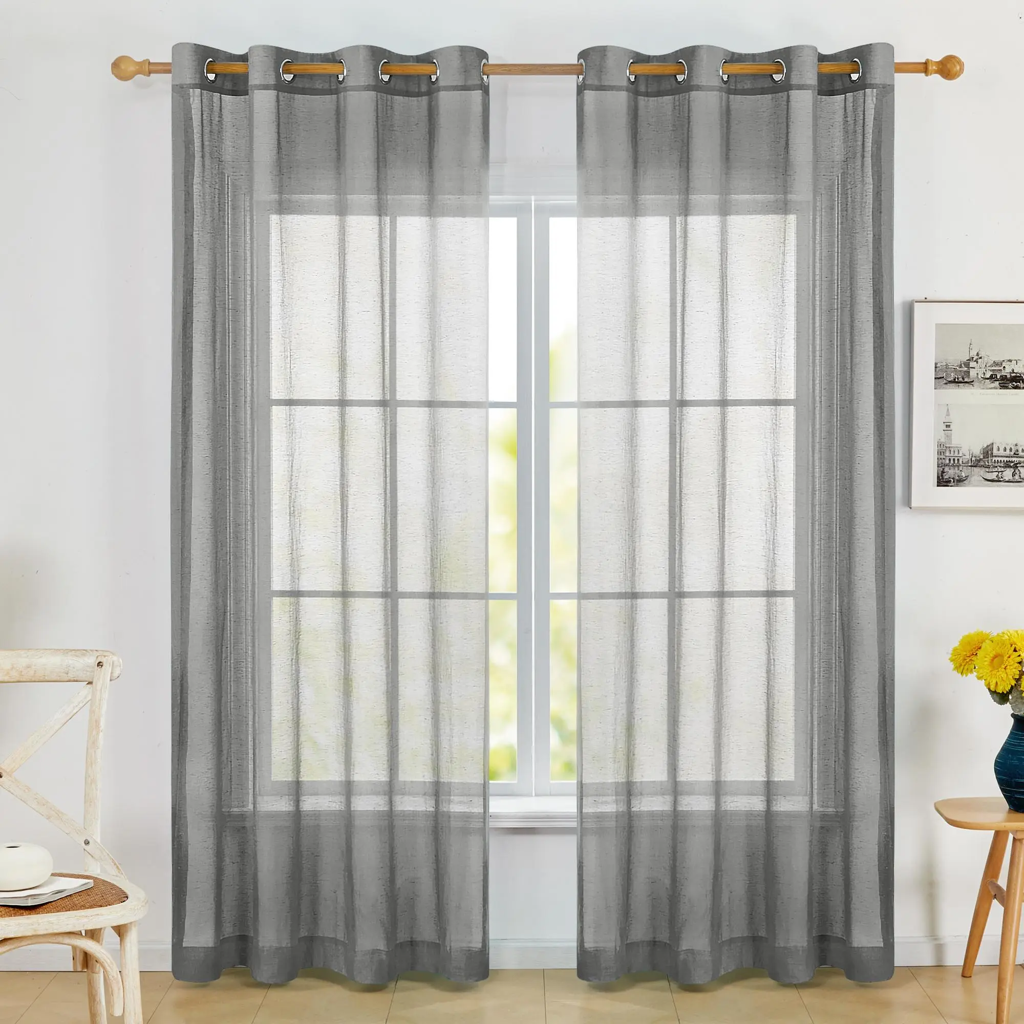 Deconovo Sheer Window Curtains, Natural Linen-Look Grommet Top, Light Filtering Airy Gauze, Allergy-Safe Adjustable Size Gray Curtains for Home Decor, Light Filtering Curtains