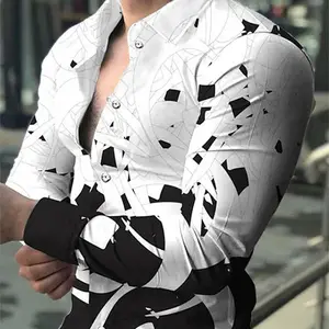 Mens 3D Digital-Print Long-Sleeve Casual Shirt
