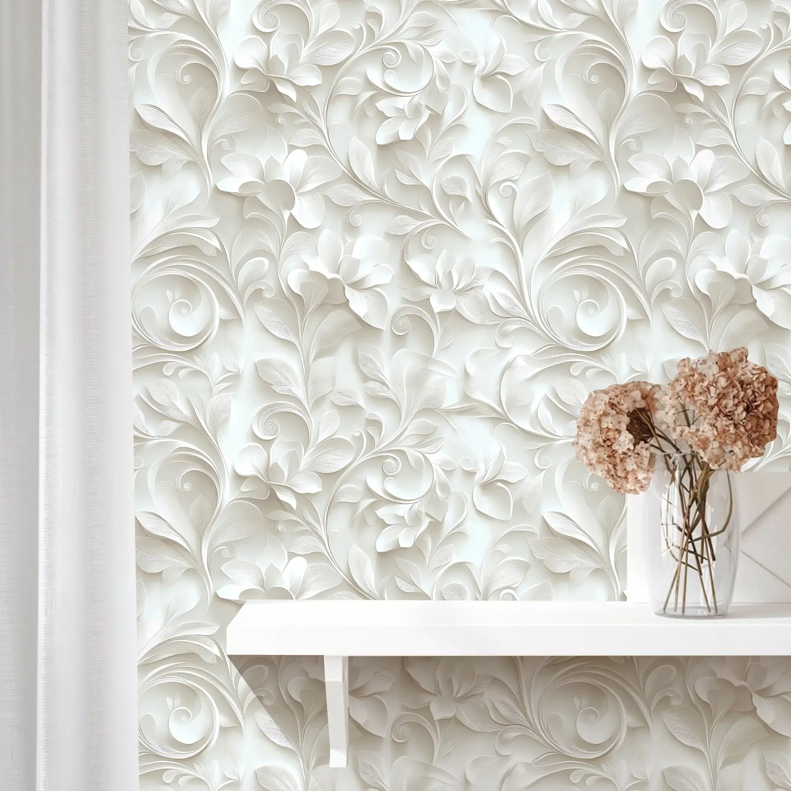 Floral Embossed Wallpaper Roll, Floral Wallpaper Peel and Stick, Self-Adhesive PET Wall Paper, European Luxury Style, Removable No Glue, Home Decor for Living Room, Bedroom, Kitchen and Bathroom