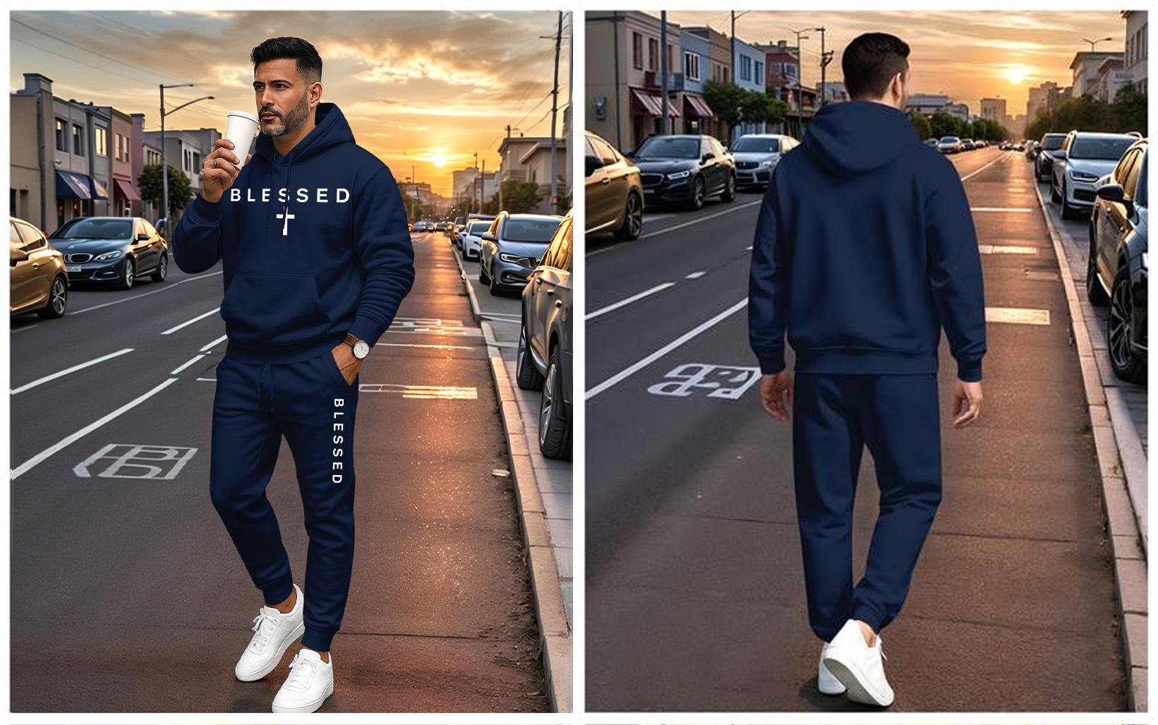 Men's Blessed Cross Letter Pattern Print Hoodie and Drawstring Sweatpants Set, Menswear, Casual Athletic Long Sleeve Hooded Jacket & Trousers for Fall & Winter, Men's Clothing for Daily Wear, Sportswear Indoor Outdoor, Tracksuit, Athleisure