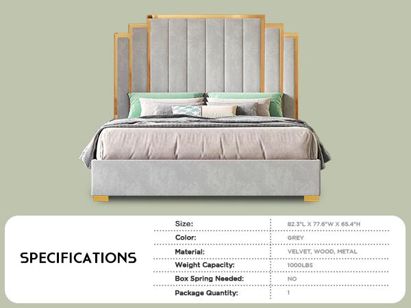 VanAcc Bed Frame and 65" Headboard, Upholstered Bed with Golden Plating Trim, Modern Platform Bed No Box Spring Needed/Christmas Gift