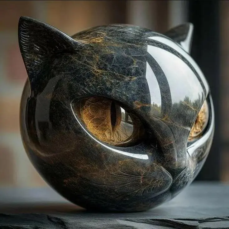 Handcrafted Marble-Look Resin Black Cat Stone Sculpture Figurine with Amber Eyes, Elegant Ornaments for Home Room Decor, Indoor Recreation Shelf Accent, Statues For Home Decor, Decoration Figure