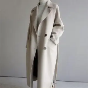 Women's Wool Coat New Korean Style Long Fashion Loose Over-the-Knee Waist-Tied Woolen Coat TopsGift