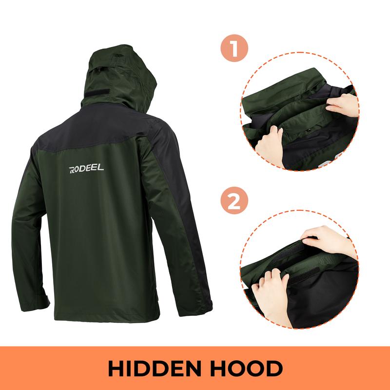 RODEEL 704 Premium Waterproof Jacket w/ Foldable Hood Men Lightweight Breathable Hooded Rainwear Durable Rain Coat Weatherproof Windbreaker For Outdoor Camping Fishing Boating Construction Roofing Landscaping Gardening Menswear, Holiday Gift