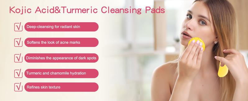 ISTON Turmeric Kojic Acid Cleansing Pads 100Pcs with Olive Oil Hylunaric Acid & Niacinamide for Face & Body Exfoliate Turmeric Cleansing Pads for Dark Spots Balance Skin Water & Oil Anti Wrinkle Scrubs Cleanser