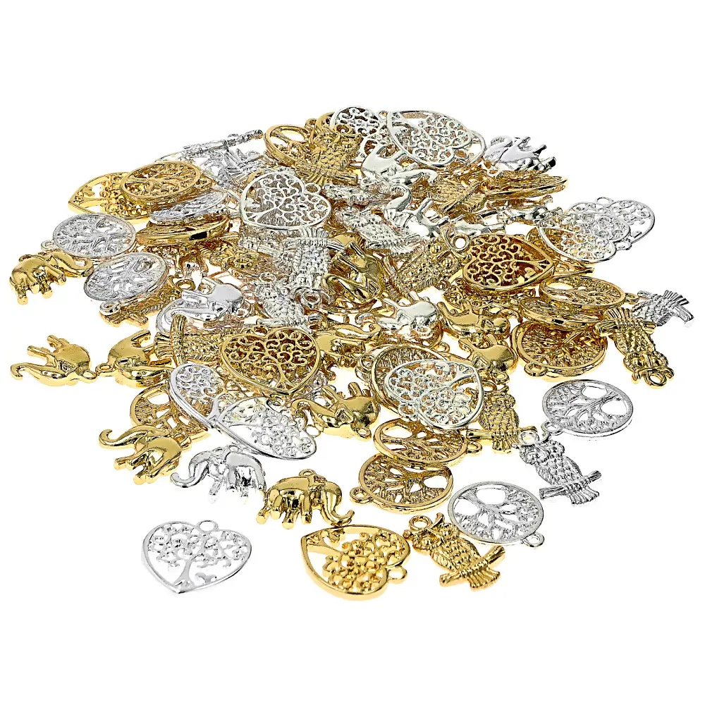 JTV Silver-Tone & Gold-Tone Assorted Crafting Charm Set (100 Pieces) for DIY Beading & Jewelry Making