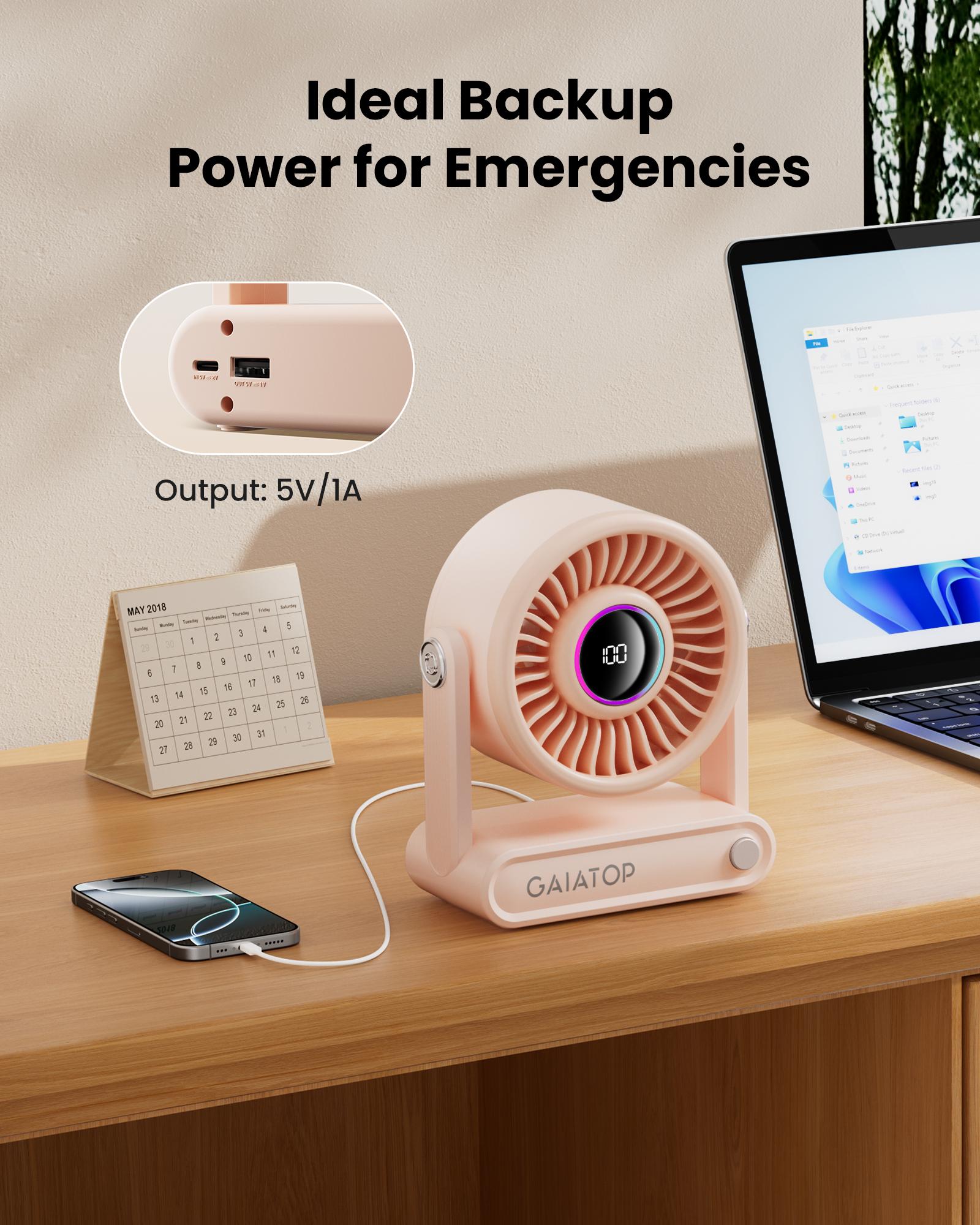 GAIATOP Personal Desk Fan Rechargeable 5in 6000mAh Battery-Powered Portable Cooling with Phone Charging 5-Speed Mood Light Perfect for Bedroom Dorm Office Travel Must-Have Summer Gift for Women Girls
