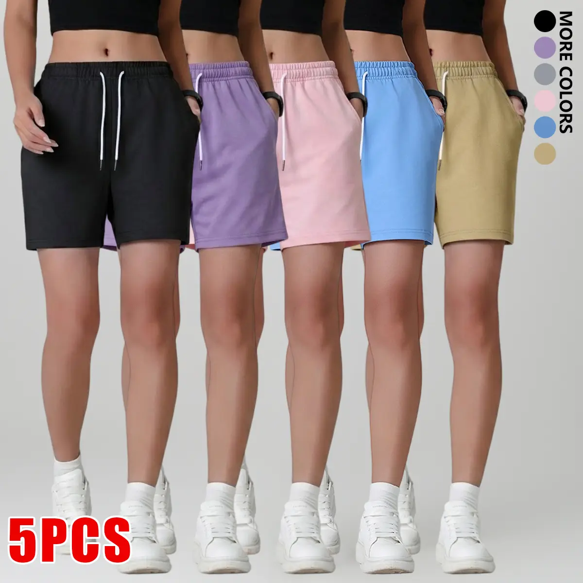 5-Pack Women's Athletic Gym Shorts, Solid Mid-Waist Cut, Breathable & Sweat-Wicking with Elastic Drawstring Waist for Yoga, Yoga‑Ready Flex, Plain