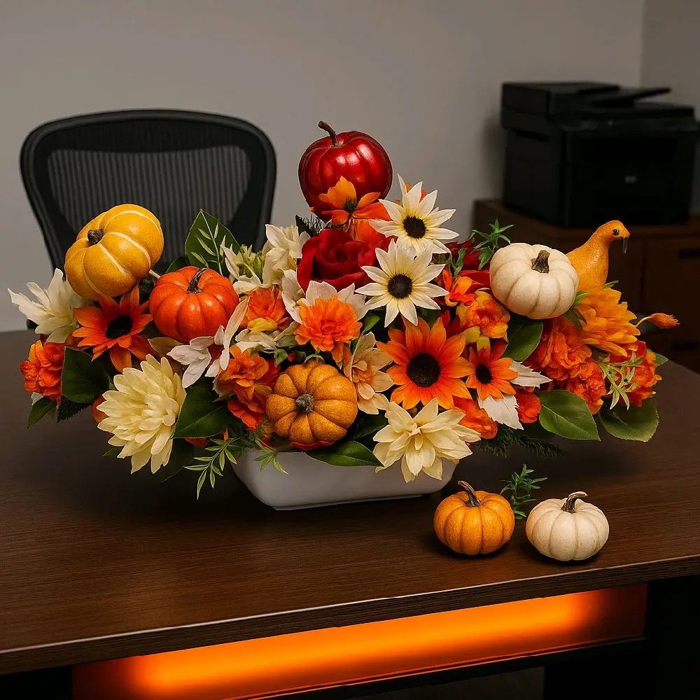 My Butterfly Effects Thanksgiving Autumn Floral Themed Dining Room Table Centerpiece Adorned with Pumpkins Gourds Orange Flowers Burnt Orange Flowers Greenery and More