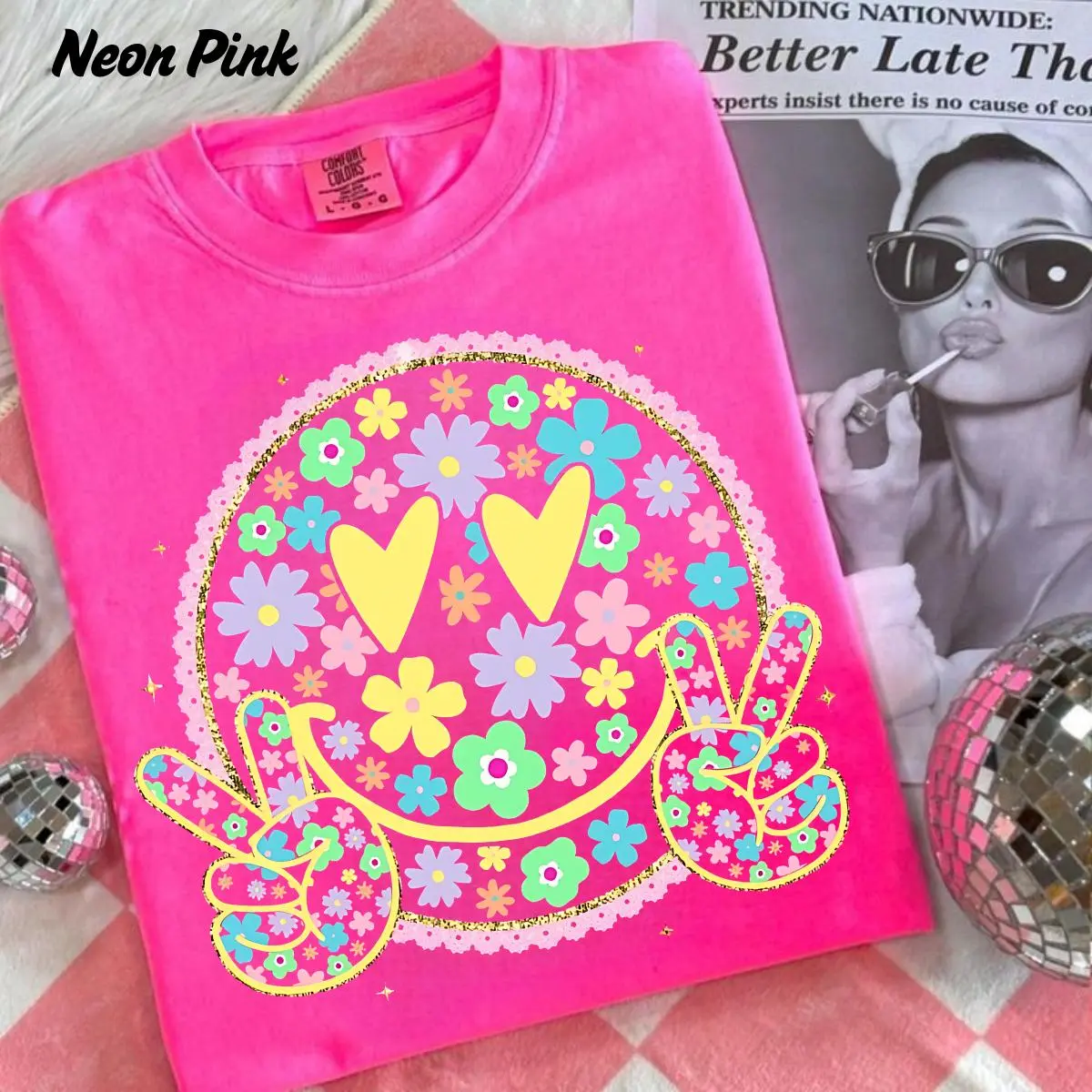 Comfort Colors Retro Groovy Smiley Face T-Shirt, Floral Peace Sign Graphic Cute Tshirt Summer Clothes
