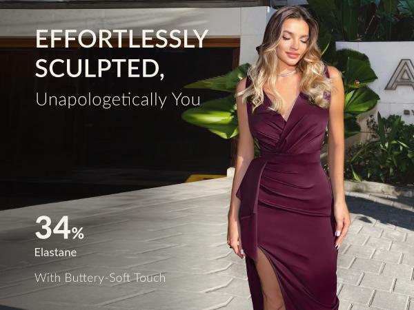 CurvySweet Women's Sleeveless V-Neck Bodycon Midi Dress with High Slit & Wrap Hem for Weddings, Cocktail Parties & Evening Events, Elegant Minimalist Fit Style