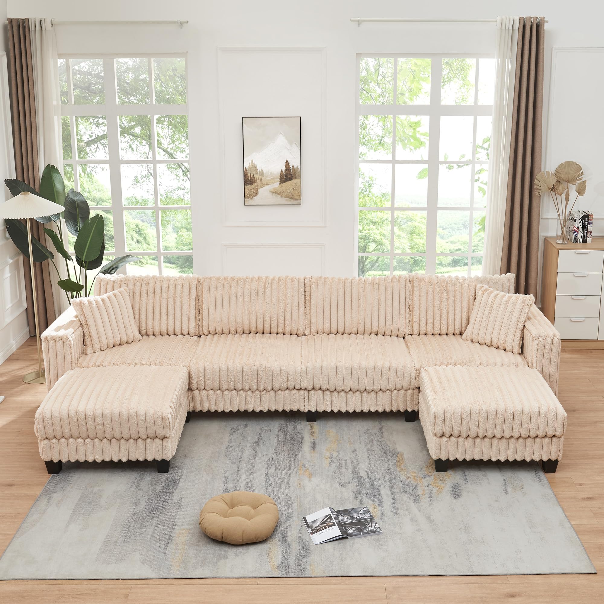 【2 Packages Shipping】Giratree 137" Plush Corduroy Cloud Velvet Modular Couch with Chaise, No Assembly Required L-V-U Shaped Sectional Sofa Set with Flexible Configuration