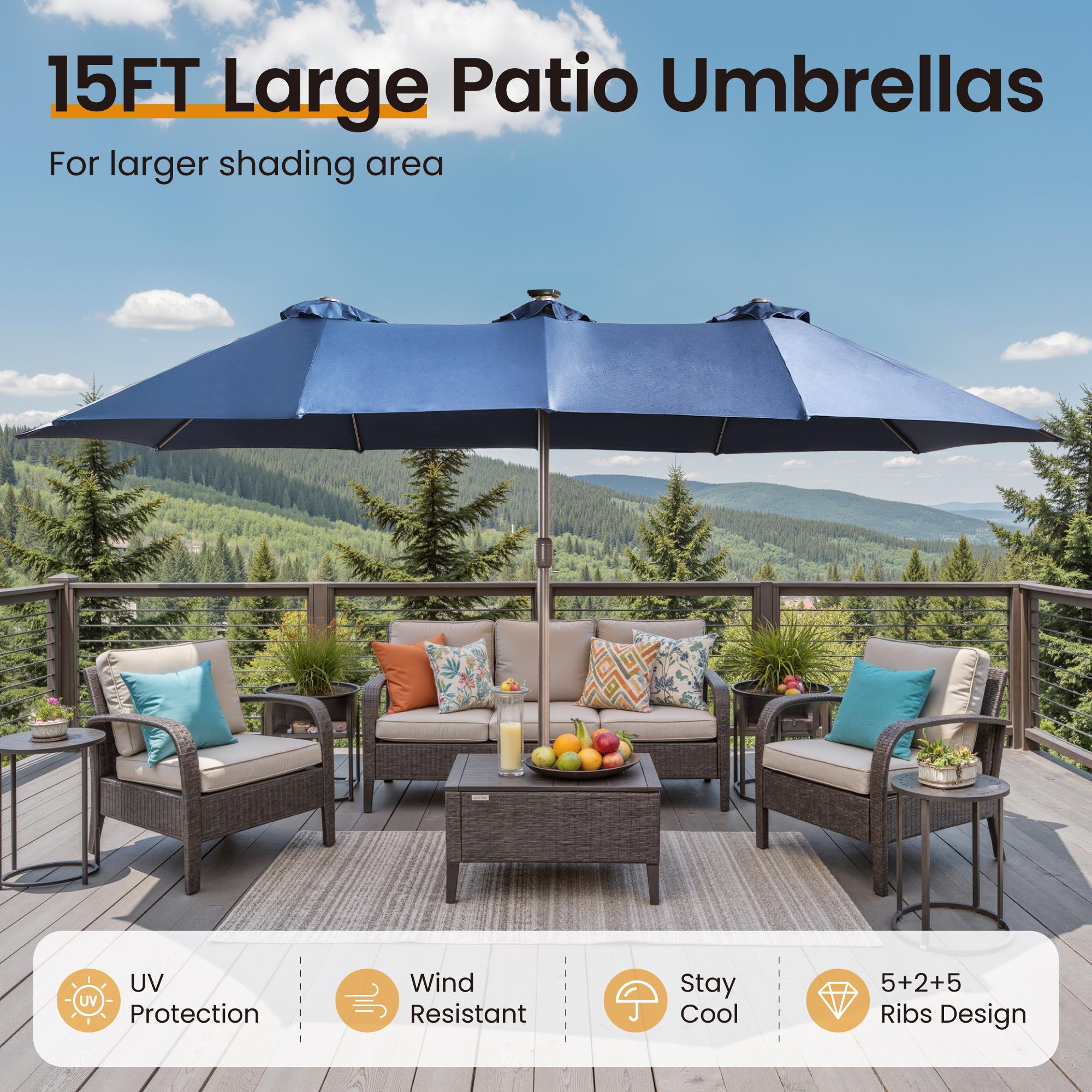 【Rainbow Lighted Umbrella & Table】Ovios 15ft Double-Sided Patio Umbrella with Solar Lights & Umbrella Hold Table, Outdoor Large Umbrellas with Crank Handle and 36 LED Lights, Rectangular Market Umbrella with Base Included for Deck Pool Shade