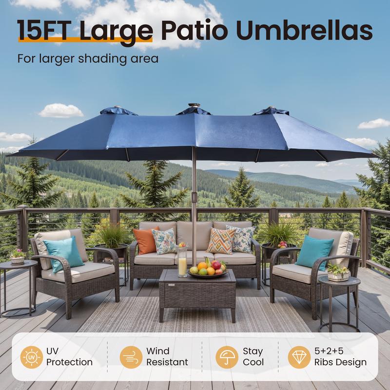 【Rainbow Lighted Umbrella & Table】Ovios 15ft Double-Sided Patio Umbrella with Solar Lights & Umbrella Hold Table, Outdoor Large Umbrellas with Crank Handle and 36 LED Lights, Rectangular Market Umbrella with Base Included for Deck Pool Shade