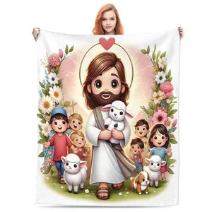 Jesus with Children and Lambs Throw Blanket – Cute Religious Cartoon Design, Floral Frame, Soft Fleece Blanket for Faith-Based Gifts or Home Decor