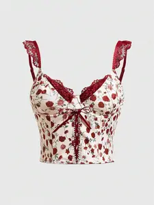 VYNCE Sweetness Floral Printed Lace Spliced Cross Strapped Camisole Top