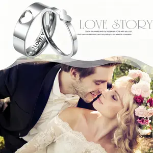 Heart-Shaped Promise Rings for Couples White Copper Silver Plated Unisex Ring Set High Polish Comfort Fit I Love You Band for Engagement Wedding Gifts