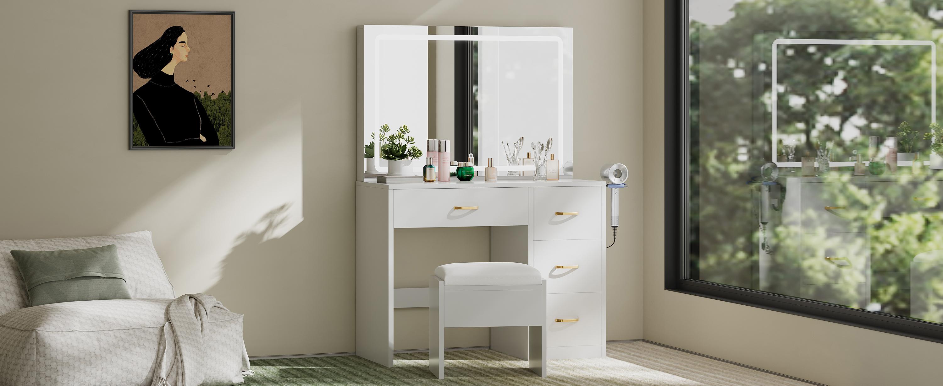 YITAHOME Makeup Vanity with Lighted Mirror, Vanity Desk with Power Strip, Adjustable Lighting, 4 Drawers, and Cushioned Stool for Bedroom, Dressing Room