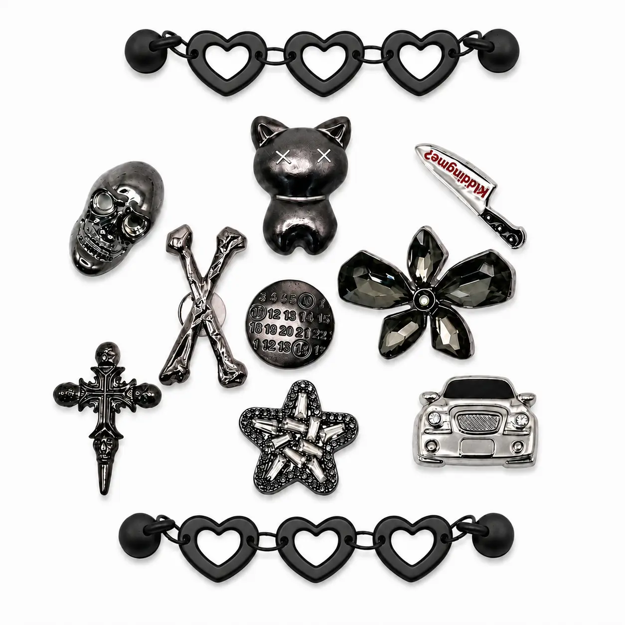 Women's Gothic Bling Metal Footwear Charms Set - Black Heart Chains, Skull, Cat, Knife, Cross, Car, Star, Flower Graphic Charms - DIY Clog & Sandal Decor, Edgy Yet Cute Style Girl Party Favor, Glossy Metal Finish