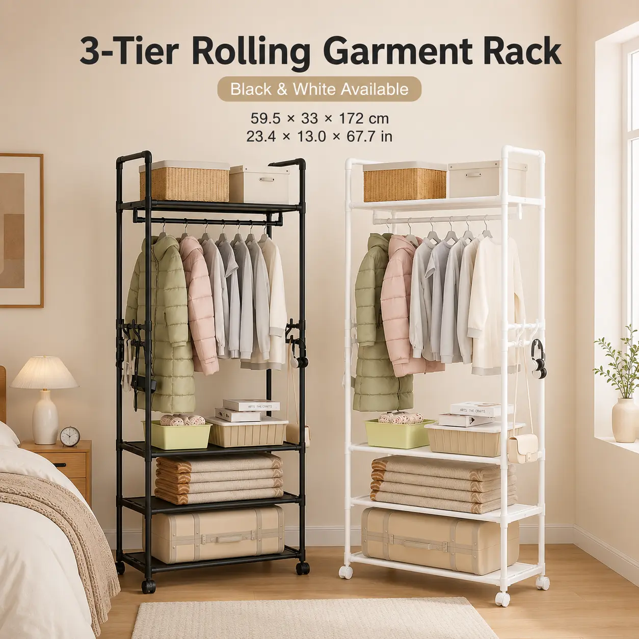 Carbon Steel 3-Tier Rolling Garment Rack with Hanging Rod, Side Hooks, Storage Shelf - Mobile Closet Organizer for Bedroom, Apartment Users, Storage Organization (Black or White), Boxes, Hangable