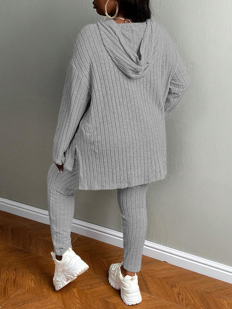 USBOUTIQUECHIC Plus Size Women's Solid Textured Ribbed Hoodie & Elastic Waist Pants Set, Casual Cozy Ribbed Knit Outfits for Fall & Winter, Baggy Matching Suits for Daily Wear