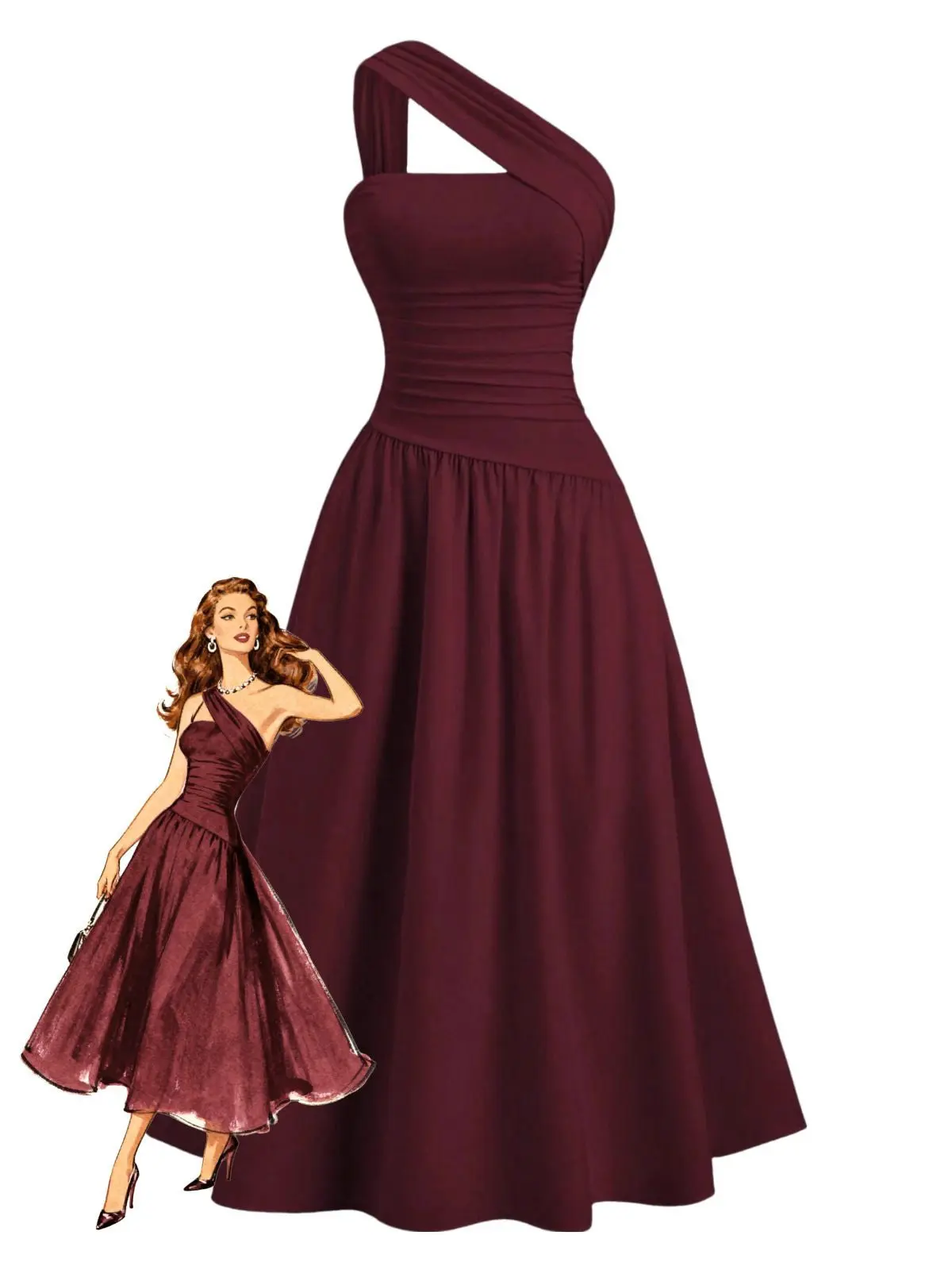 1930s Solid Surplice One-Shoulder Waist Ruched Dress prom red girlsummer dresses vacation outfits Elegant Formal Style Womenswear Wedding Guest Dress Fall Wedding Guest Outfit BackToSchool