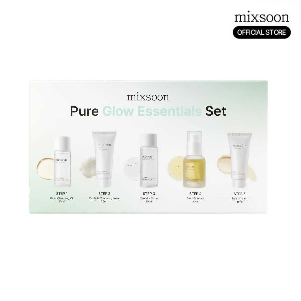 [mixsoon Official] Pure Glow Travel Set | Bean + Centella + Fermented Ingredients | Mini Skincare Set with Bean Cleansing Oil, Centella Foam, Toner, Bean Essence & Bean Cream | Giftable Skincare Set