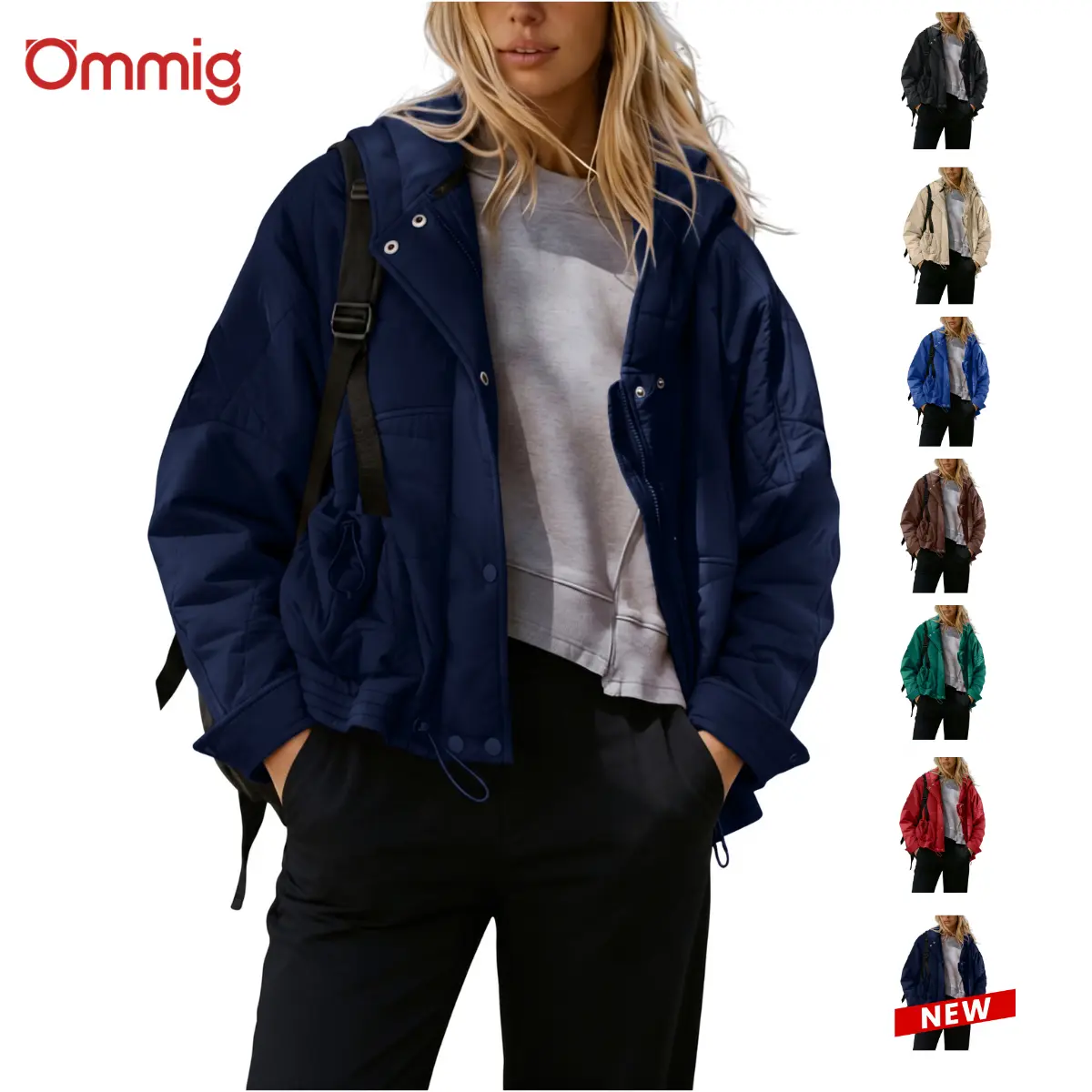 Ommig Women's Loose Lightweight Quilted Puffer Jacket - Long-Sleeve, Zip-Up, Hooded, Pocketed, Button-Accented, Winter Warm, Casual Fashionable Commuting Outerwear (Multiple Colors), Jackets, Casual Fashionable Jacket